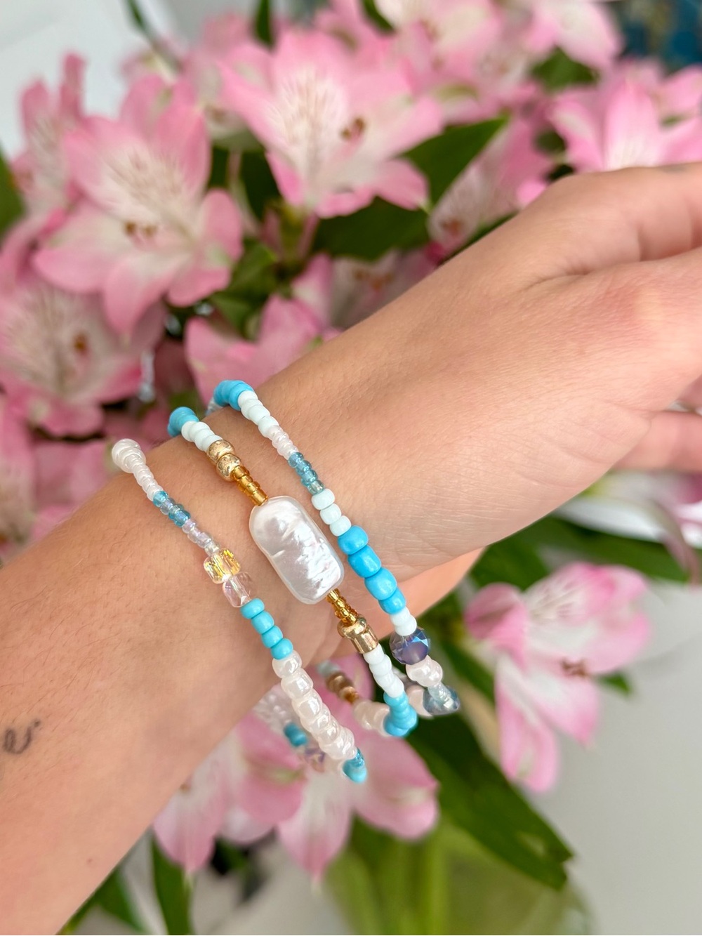 Delicate Turquoise & White Beaded Bracelet Set - Women Jewelry